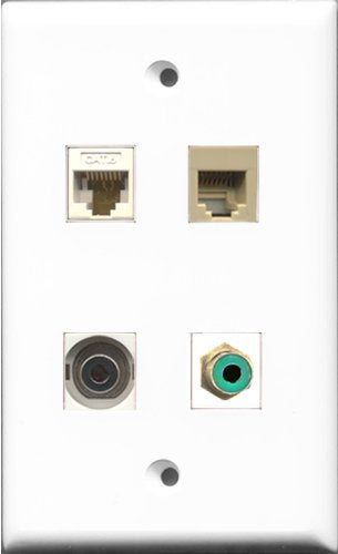 RiteAV 1 Port RCA Green and 1 Port Phone RJ11 RJ12 Beige and 1 Port 3.5mm and 1 Port Cat6 Ethernet White Wall Plate