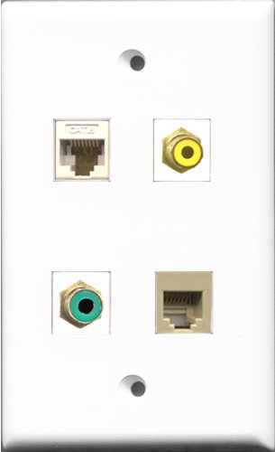 RiteAV 1 Port RCA Yellow and 1 Port RCA Green and 1 Port Phone RJ11 RJ12 Beige and 1 Port Cat6 Ethernet White Wall Plate