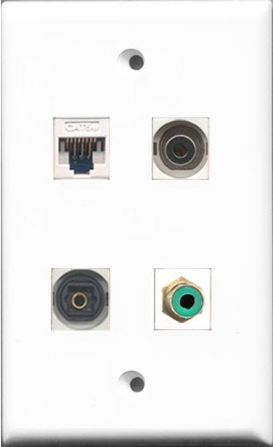 RiteAV - 1 Port RCA Green and 1 Port Toslink and 1 Port 3.5mm and 1 Port Cat5e Ethernet White Wall Plate