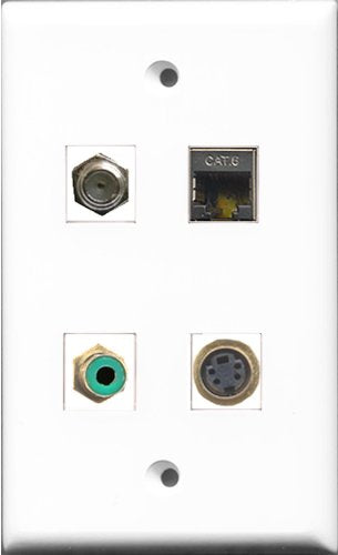 RiteAV 1 Port RCA Green and 1 Port Coax Cable TV- F-Type and 1 Port S-Video and 1 Port Shielded Cat6 Ethernet Wall Plate