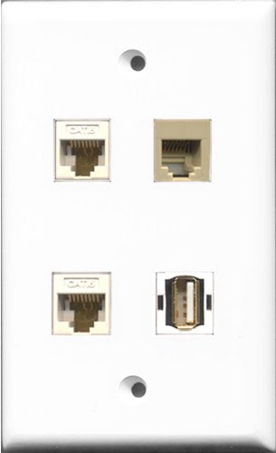RiteAV 1 Port USB A-A and 1 Port Phone RJ11 RJ12 Beige 2 Port Cat6 Ethernet White Wall Plate