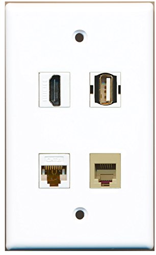 RiteAV - 1 Port HDMI 1 Port USB A-A 1 Port Phone RJ11 RJ12 Beige 1 Port Cat6 Ethernet White Wall Plate