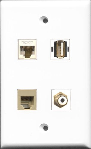 RiteAV 1 Port RCA White and 1 Port USB A-A and 1 Port Phone RJ11 RJ12 Beige and 1 Port Cat6 Ethernet White Wall Plate