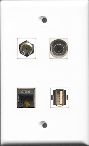 RiteAV 1 Port Coax Cable TV- F-Type and 1 Port USB A-A and 1 Port Shielded Cat6 Ethernet and 1 Port 3.5mm Wall Plate