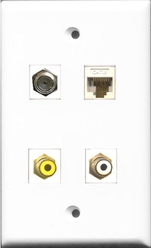 RiteAV 1 Port RCA White and 1 Port RCA Yellow and 1 Port Coax Cable TV- F-Type and 1 Port Cat6 Ethernet White Wall Plate