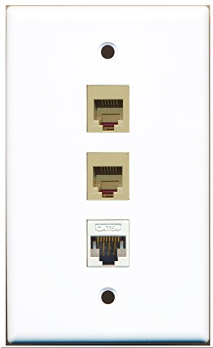 RiteAV - 2 Port Phone RJ11 RJ12 Beige and 1 Port Cat5e Ethernet White Wall Plate
