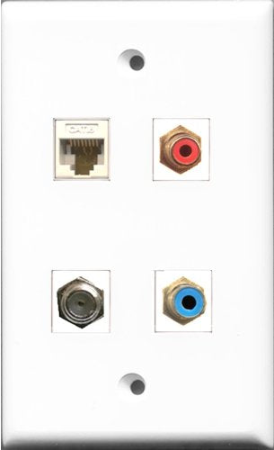 RiteAV 1 Port RCA Red and 1 Port RCA Blue and 1 Port Coax Cable TV- F-Type and 1 Port Cat6 Ethernet White Wall Plate