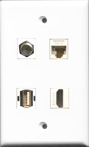 RiteAV 1 Port HDMI and 1 Port Coax Cable TV- F-Type and 1 Port USB A-A and 1 Port Cat6 Ethernet White Wall Plate