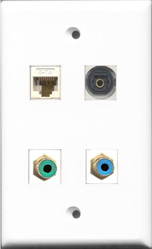 RiteAV 1 Port RCA Green and 1 Port RCA Blue and 1 Port Toslink and 1 Port Cat6 Ethernet White Wall Plate