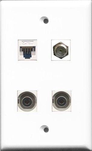 RiteAV - 1 Port Coax Cable TV- F-Type 2 Port 3.5mm and 1 Port Cat5e Ethernet White Wall Plate