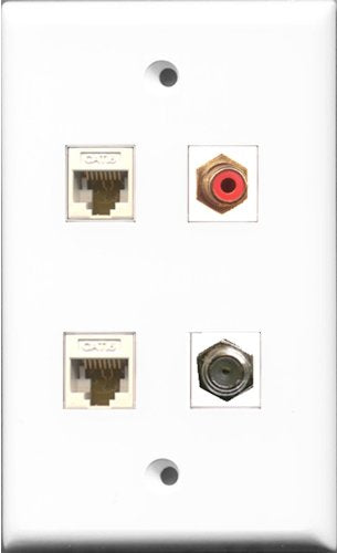RiteAV 1 Port RCA Red and 1 Port Coax Cable TV- F-Type 2 Port Cat6 Ethernet White Wall Plate