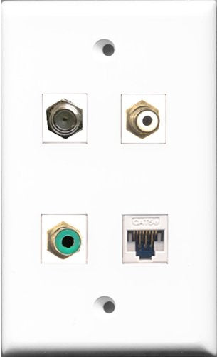 RiteAV 1 Port RCA White and 1 Port RCA Green and 1 Port Coax Cable TV- F-Type and 1 Port Cat5e Ethernet White Wall Plate