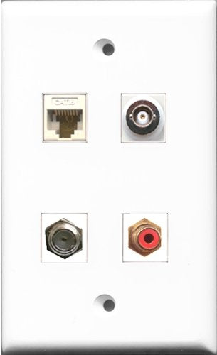 RiteAV 1 Port RCA Red and 1 Port Coax Cable TV- F-Type and 1 Port BNC and 1 Port Cat6 Ethernet White Wall Plate