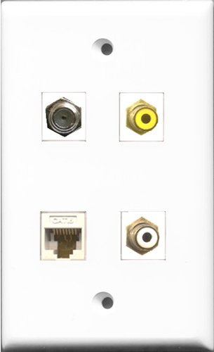 RiteAV 1 Port RCA White and 1 Port RCA Yellow and 1 Port Coax Cable TV- F-Type and 1 Port Cat6 Ethernet White Wall Plate
