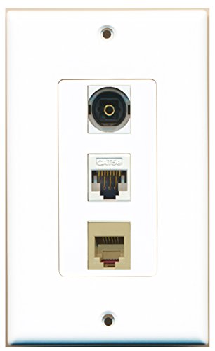 RiteAV - 1 Port Phone RJ11 RJ12 Beige and 1 Port Toslink and 1 Port Cat5e Ethernet White Decorative Wall Plate