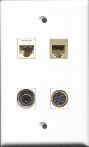 RiteAV 1 Port Phone RJ11 RJ12 Beige and 1 Port S-Video and 1 Port 3.5mm and 1 Port Cat6 Ethernet White Wall Plate