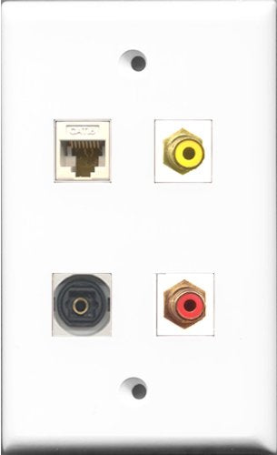 RiteAV 1 Port RCA Red and 1 Port RCA Yellow and 1 Port Toslink and 1 Port Cat6 Ethernet White Wall Plate