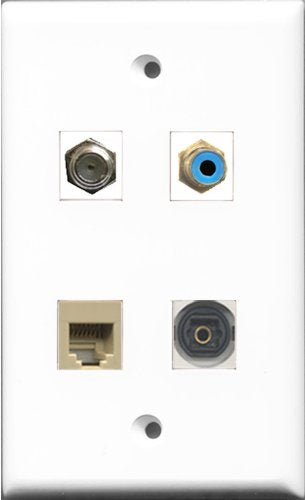 RiteAV 1 Port RCA Blue and 1 Port Coax Cable TV- F-Type and 1 Port Phone RJ11 RJ12 Beige and 1 Port Toslink Wall Plate