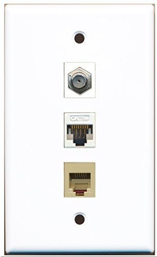RiteAV - 1 Port Coax Cable TV- F-Type and 1 Port Phone RJ11 RJ12 Beige and 1 Port Cat5e Ethernet White Wall Plate