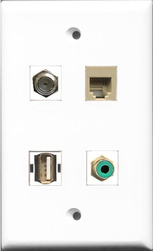 RiteAV 1 Port RCA Green and 1 Port Coax Cable TV- F-Type and 1 Port Phone RJ11 RJ12 Beige and 1 Port Shielded Cat6 Ethernet Wall Plate