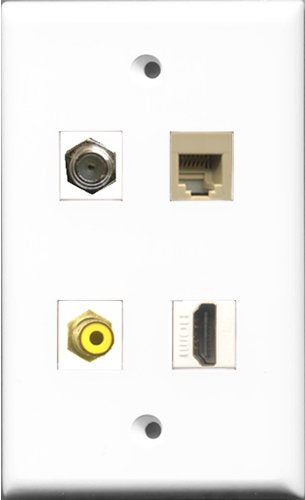 RiteAV 1 Port HDMI and 1 Port RCA Yellow and 1 Port Coax Cable TV- F-Type and 1 Port Phone RJ11 RJ12 Beige Wall Plate