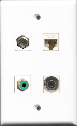 RiteAV 1 Port RCA Green and 1 Port Coax Cable TV- F-Type and 1 Port 3.5mm and 1 Port Cat6 Ethernet White Wall Plate