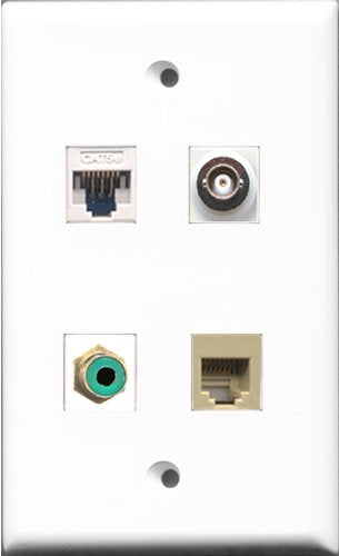 RiteAV - 1 Port RCA Green and 1 Port Phone RJ11 RJ12 Beige and 1 Port BNC and 1 Port Cat5e Ethernet White Wall Plate