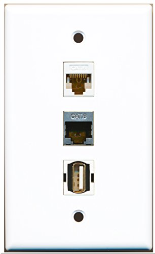 RiteAV - 1 Port USB A-A and 1 Port Shielded Cat6 Ethernet and 1 Port Cat6 Ethernet White Wall Plate
