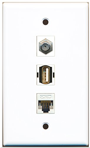 RiteAV - 1 Port Coax Cable TV- F-Type and 1 Port USB A-A and 1 Port Cat5e Ethernet White Wall Plate