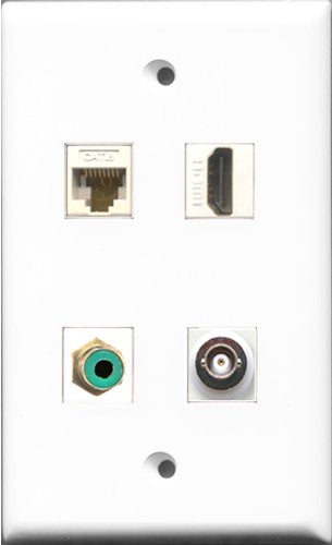 RiteAV 1 Port HDMI and 1 Port RCA Green and 1 Port BNC and 1 Port Cat6 Ethernet White Wall Plate
