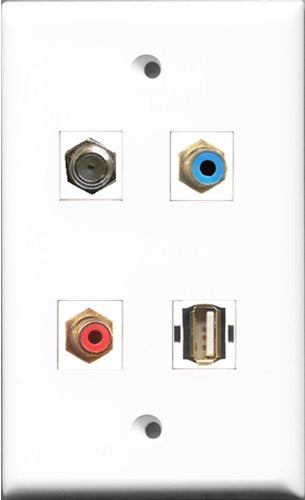 RiteAV 1 Port RCA Red and 1 Port RCA Blue and 1 Port Coax Cable TV- F-Type and 1 Port USB A-A Wall Plate