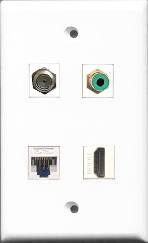 RiteAV 1 Port HDMI and 1 Port RCA Green and 1 Port Coax Cable TV- F-Type and 1 Port Cat5e Ethernet White Wall Plate