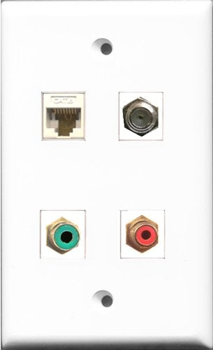 RiteAV 1 Port RCA Red and 1 Port RCA Green and 1 Port Coax Cable TV- F-Type and 1 Port Cat6 Ethernet White Wall Plate