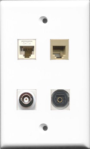 RiteAV 1 Port Phone RJ11 RJ12 Beige and 1 Port Toslink and 1 Port BNC and 1 Port Cat6 Ethernet White Wall Plate