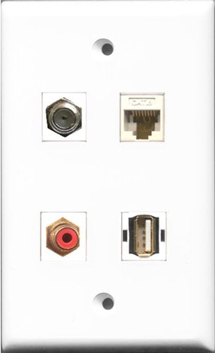 RiteAV 1 Port RCA Red and 1 Port Coax Cable TV- F-Type and 1 Port USB A-A and 1 Port Cat6 Ethernet White Wall Plate