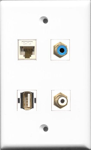 RiteAV 1 Port RCA White and 1 Port RCA Blue and 1 Port USB A-A and 1 Port Cat6 Ethernet White Wall Plate