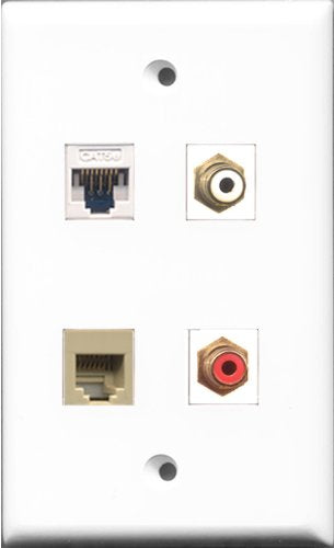 RiteAV 1 Port RCA Red and 1 Port RCA White and 1 Port Phone RJ11 RJ12 Beige and 1 Port Cat5e Ethernet White Wall Plate