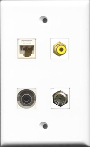 RiteAV 1 Port RCA Yellow and 1 Port Coax Cable TV- F-Type and 1 Port 3.5mm and 1 Port Cat6 Ethernet White Wall Plate