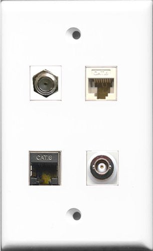 RiteAV 1 Port Coax Cable TV- F-Type and 1 Port Shielded Cat6 Ethernet and 1 Port BNC and 1 Port Cat6 Ethernet White Wall Plate