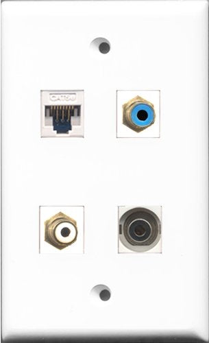 RiteAV 1 Port RCA White and 1 Port RCA Blue and 1 Port 3.5mm and 1 Port Cat5e Ethernet White Wall Plate