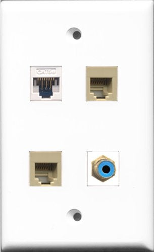 RiteAV 1 Port RCA Blue 2 Port Phone RJ11 RJ12 Beige and 1 Port Cat5e Ethernet White Wall Plate