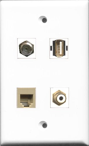 RiteAV 1 Port RCA White and 1 Port Coax Cable TV- F-Type and 1 Port USB A-A and 1 Port Phone RJ11 RJ12 Beige Wall Plate