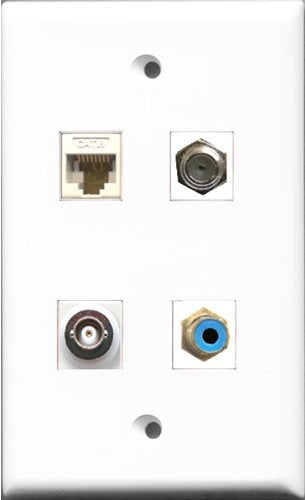 RiteAV 1 Port RCA Blue and 1 Port Coax Cable TV- F-Type and 1 Port BNC and 1 Port Cat6 Ethernet White Wall Plate