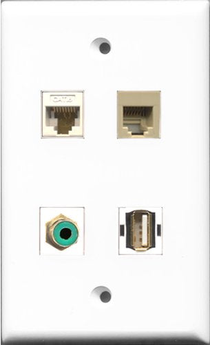 RiteAV 1 Port RCA Green and 1 Port USB A-A and 1 Port Phone RJ11 RJ12 Beige and 1 Port Cat6 Ethernet White Wall Plate