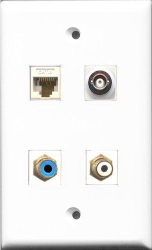 RiteAV 1 Port RCA White and 1 Port RCA Blue and 1 Port BNC and 1 Port Cat6 Ethernet White Wall Plate