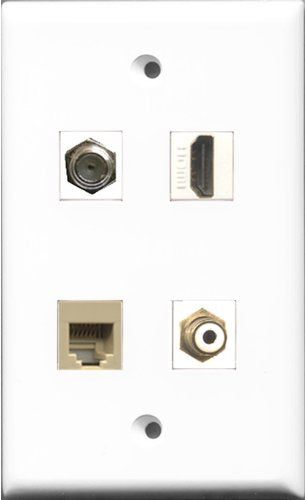 RiteAV 1 Port HDMI and 1 Port RCA White and 1 Port Coax Cable TV- F-Type and 1 Port Phone RJ11 RJ12 Beige Wall Plate