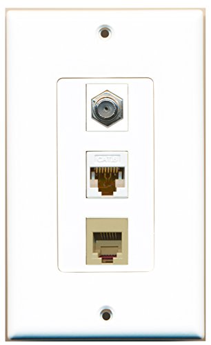 RiteAV - 1 Port Coax Cable TV- F-Type and 1 Port Phone RJ11 RJ12 Beige and 1 Port Cat6 Ethernet White Decorative Wall Plate Decorative