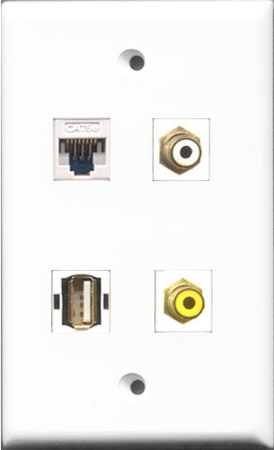 RiteAV 1 Port RCA White and 1 Port RCA Yellow and 1 Port USB A-A and 1 Port Cat5e Ethernet White Wall Plate