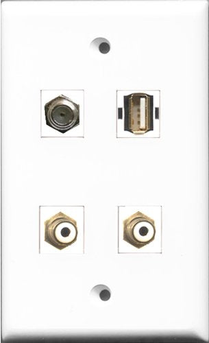 RiteAV - 2 Port RCA White and 1 Port Coax Cable TV- F-Type and 1 Port USB A-A Wall Plate