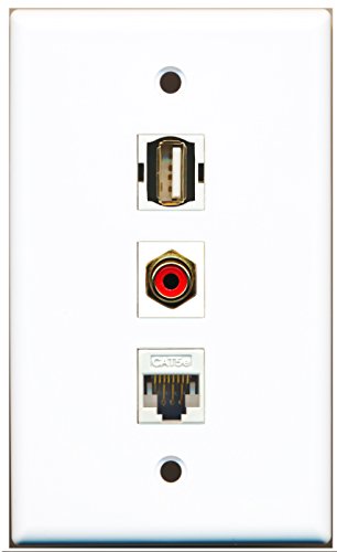 RiteAV - 1 Port RCA Red and 1 Port USB A-A and 1 Port Cat5e Ethernet White Wall Plate